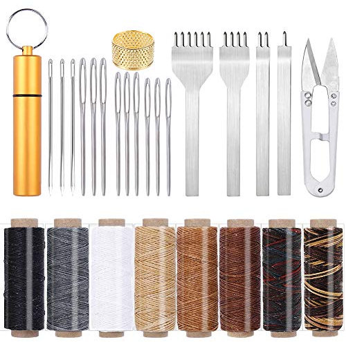 Leather Sewing Kit, Leather Working Tools Repair Kit with Prong Punch, Waxed Thread, Sewing Needles for DIY Leather Hand Stitching Sewing