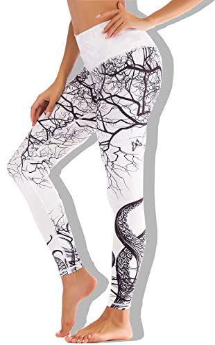 Chisportate Nachhaltige Yoga-Leggings mit hoher Taille, aktive Bauchkontrolle, superweiche Trainingshose für Damen, Fitness, Laufen, Fitnessstudio, Yoga, Weißer Baum, S