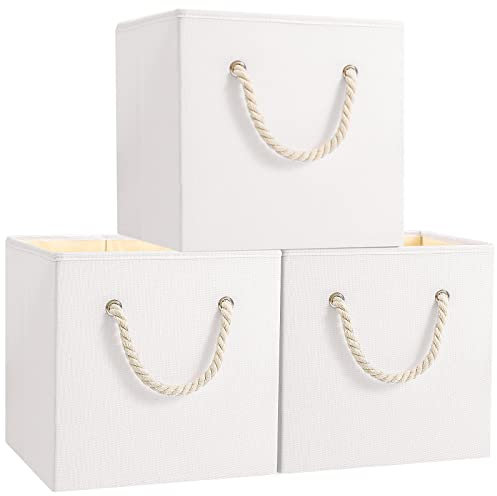 Yawinhe Cajas de Almacenaje, Cestas Organizadoras, Cubos de Almacenamiento de Tela, Plegables, para Estantes, Dormitorio, 33x33x33cm, Blanco, 3-Pack