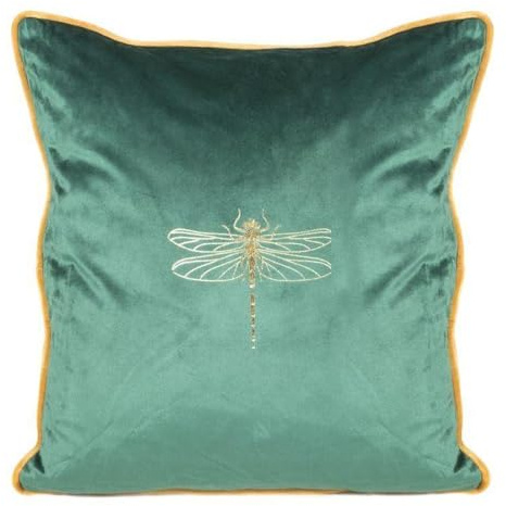 Eurofirany Elegante Kissenbezüge Dekokissen 45x45 Velvet Bezug Samt Kissenhülle Weiche Sofakissen Gold Silber Libelle Muster Biene Design Lotus (Lori dunkelgrün)