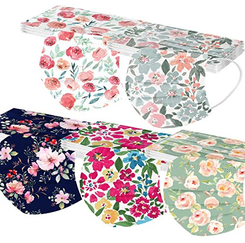 50 Stück Blumen Einweg-Gesichtsmasken mit 3-lagigem Gesichtsfilter mit Nasendraht für Brillenträger, atmungsaktiv mit bedrucktem Design für Erwachsene Urlaubsparty