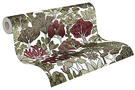 A.S. Création Architects Paper Dschungeltapete Floral Impression Tapete natürlich PVC-freie Vliestapete grün gelb weiß rot beige matt glatt 377572 37757-2, 10.05 m x 0.53 m