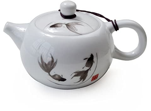 Porcelain Teapot, 6oz Small Tea Pot White Chinese Fengshui Gongfu Tea Set (Fish)