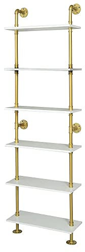 HEONITURE Industrial Gold Bookshelf-6 Tier Wall Mounted Ladder Bookshelf, Rustic Gold Storage Book Shelves Display Bookcases for Living Room/Home/Office