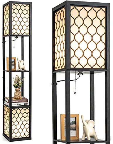 COSTWAY Stehlampe Wohnzimmer 156cm, 2 x E27, Max. 40W, 2 Ebenen Stehleuchte mit Zugkette & Fußschalter, Standleuchte Holz, Holzregal Innenbeleuchtung für Wohnzimmer & Schlafzimmer