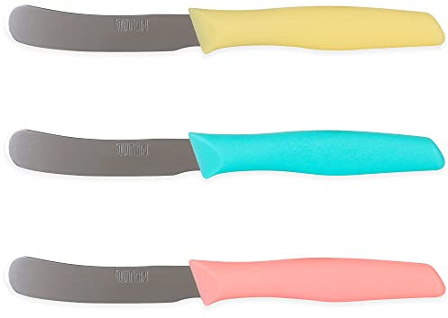 Quttin Cuchillo Untar Mantequilla Set de 3 Piezas. Ligero y Manejable con Hoja Afilada, Higiénico y Resistente. Mango Polipropileno en 3 Colores. Modelo Samba