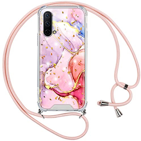 Vauki Handykette für OnePlus Nord CE 5G Hülle mit Band,Silikon Durchsichtig Marmor Glitzer Motiv Transparent Stoßfest Bumper mit Kette Kordel Umhängen Handyhülle für OnePlus Nord Core Edition 5G,Rosa
