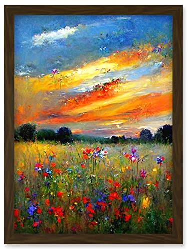 Doppelganger33 LTD Sunset Wildflower Peaceful Summer Meadow Oil Painting Artwork Framed Wall Art Print A4