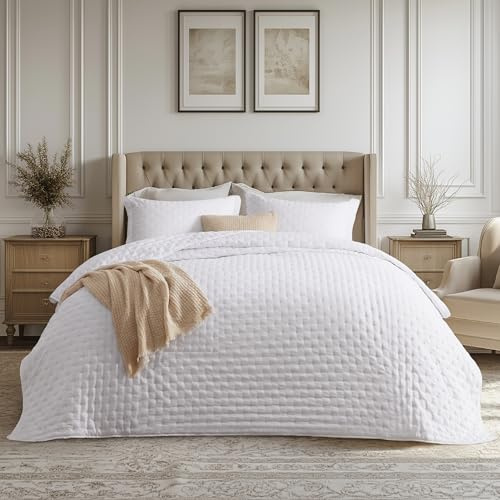 Bedsure Quilts Queen Size - Bright White Bedspread Queen Size & Lightweight Comforter, Modern Coverlet with Clover Pattern, Ultra Soft All-Season Bedding, 90 x 96 Inches