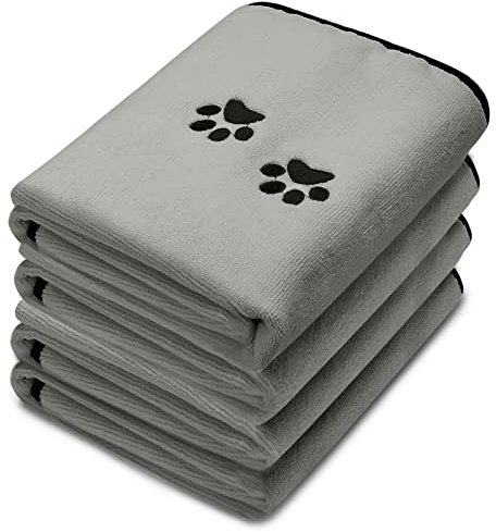 Irenare 4 Stück Hunde Handtuch Mikrofaser Saugfähig Badehandtuch Haustier Handtücher Trockentuch Hundehandtücher mit Bestickten Pfoten für Katzen Kleine Mittelgroße Große Hund (Grau, 90 x 50 cm)