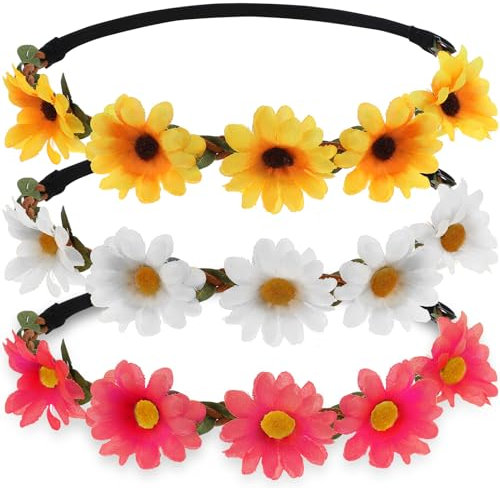 WLLHYF 3 Stück Gänseblümchen-Blumen-Stirnband, mehrfarbig, Blumenkrone, Stirnbänder, verstellbar, elastisches Haarband für Frauen, Mädchen, Damen, Festival, Hochzeit, Party, Waschen