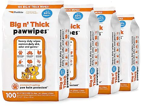 Petkin Big N' Thick Paw Wipes for Dogs, 100 Large Wipes (4 Pack) - Clean Dirty Paws After Walks, with Paw Balm Protectant - Keep Floors and Furniture Clean - Ideal for Home or Travel - Orange Scent