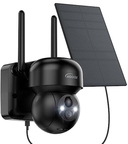 HOOISE 2K Cámara Vigilancia WiFi Exterior Solar, Cámara Vigilancia Batería, 360° Cámara Seguridad sin Cables con Visión Nocturna Color, Detección de Movimiento PIR, Audio Bidireccional, IP65,Negro