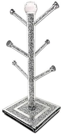 BML Crushed Diamond Kitchen Mug Tree Cup Holder | Silver Glass Sparkle 6 Hook Kitchen Bling Ornament | Easy Eye Catching Elegant Silver Trimmimngs Look for Home Decor