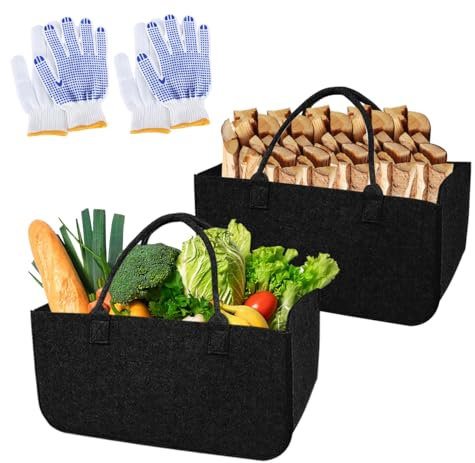 2 Piezas Cestas para Leña Grande Kit,50x25x25cm Cesta para Leña de Fieltro Grueso XL, Cesta para Leña de Fieltro con Asa Reforzada, con 2 Guantes, para Cesta De La Compra, LeñA