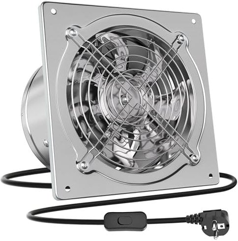 HG Power Extractor de Aire 250mm ventilador de baño 1680m³/h silencioso con aleta de retorno Potente ventilador metálico de pared con enchufe EU para cocina garaje sótano, plata