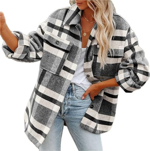 LEKOPUR Hemdjacke Damen Kariertes Holzfällerhemd Shacket Mantel Jacke Herbst Winter Hemdjacke Flanellhemd Karierte Hemd Bluse