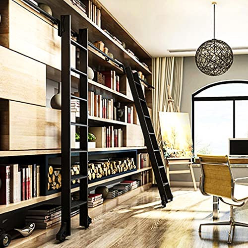 IisrAr Scala Retrattile con rotelle, libreria Hardware, Porta Scorrevole del fienile, Set Completo di Hardware, Kit Binario/Binario Mobile a Tubo Tondo (Senza Scala), per Loft/casa/Interno/libreria