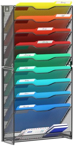 samstar 10 Tier Wall File Organizer, Hanging Wall Mount File Holder Paper Folder Mail Organizer, Mesh Metal, Black.