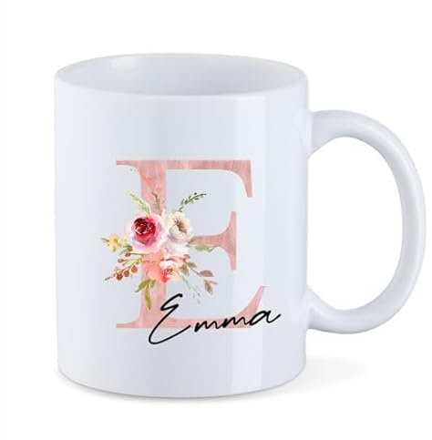 AWASG Tasse avec fleurs florales lettre rose - Personnalisable avec nom - Tasse à café - Cadeau de remerciement - Céramique - 330 ml (blanc)