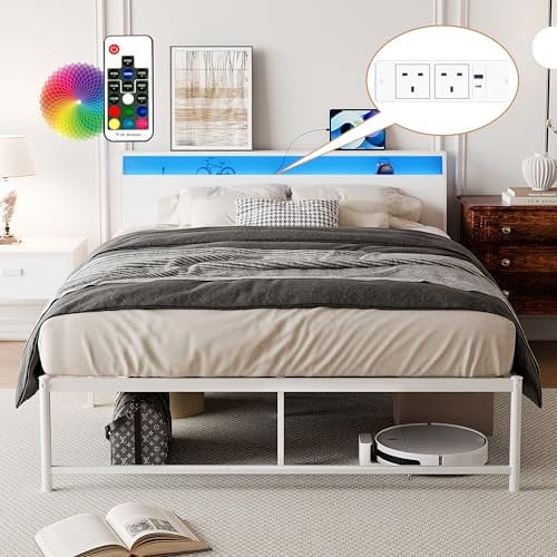 BEXEVUE 4ft6 Metal Bed Frame with Outlets LED Strip - Simple Double Vintage Iron Platform Bed, Storage Ergonomic Headboard, Modern Design High Footboard for Adult Large Space Living Room Bedroom Home