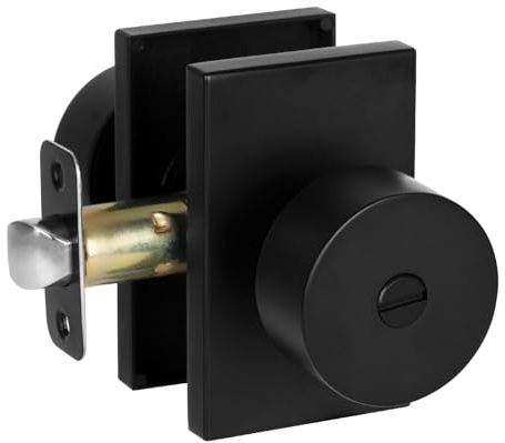 HOSOM Matte Black Privacy Door Knob With Lock, Keyless Interior Handle for Bedroom Bathroom, Rectangle Door Lock