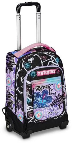 Mitama Trolley DR Junior Scuola Flower Fashion,Con Mega Scomparto e Doppia Maniglia, Viola e Nero, Scuola Elementare e Tempo Libero, Bambina Ragazza