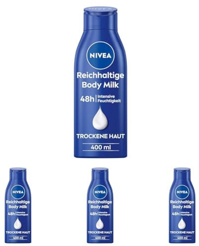NIVEA Reichhaltige Body Milk (400 ml), intensiv pflegende Körpercreme mit Mandelöl natürlichen Ursprungs, Lotion mit Tiefenpflege Serum und Vitamin E (Packung mit 4)
