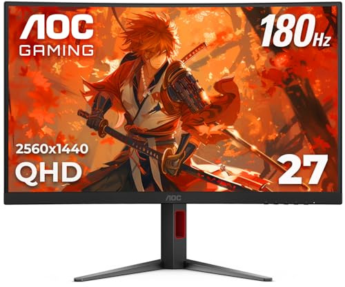 AOC CQ27G4H Monitor para Juegos Curvo de 27 Pulgadas, QHD 2K 2560x1440, 1500R VA, 180Hz 0,5 ms, AMD FreeSync Premium, Soporte Ajustable de Altura, Interruptor Xbox PS5 Compatible, 3 años