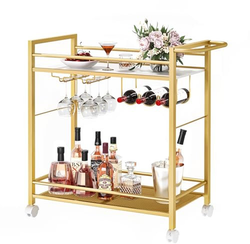 Joaxswe Barwagen, Servierwagen mit Ablagen, 2 Etagen, rollbarer Getränkewagen mit Rollen, moderner Weinwagen mit Weinregal und Glashalter für Küche, Wohnzimmer, Esszimmer, Gold