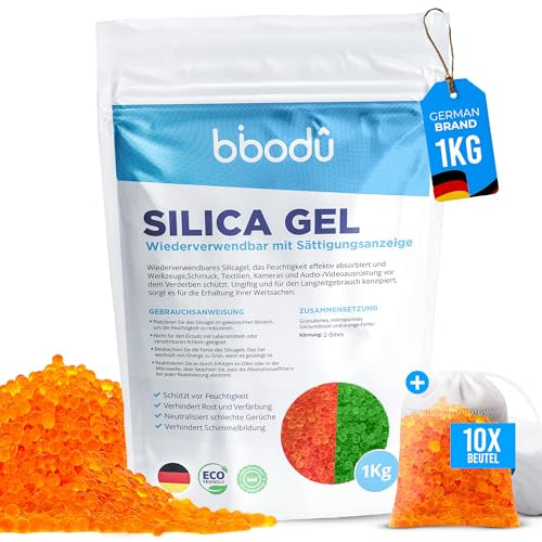 BIBODU® Silica Gel Orange 1KG + 10 Beutel | Silica Kugeln Wiederverwendbar mit Sättigungsindikator | Ideal für Schränke, Schubladen und Elektronik