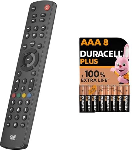 One For All Contour 4 universal remote control TV - control of 4 devices & Duracell Plus AAA Batteries (8 Pack) - Alkaline 1.5V - Up To 100% Extra Life