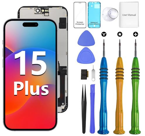 ATEVENSE Geeignet für iPhone 15plus Bildschirm Ersatzset 6,7 LCD Display 3D Touch IPS FHD COF Komplettmontage Edelstahl Reparaturset Wasserdichter Rahmenaufkleber + Bildschirm Schutzfolie