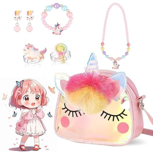 Licorne Sac A Main Bijoux Enfants Fille, Licorne Sac Avec Ensemble De Bijoux, Sac BandoulièRe Licorne, Licorne Collier Bracelet Boucle D'Oreille Kit Bijoux Cadeau Anniversaire Fille 3 4 5 6 7 Ans