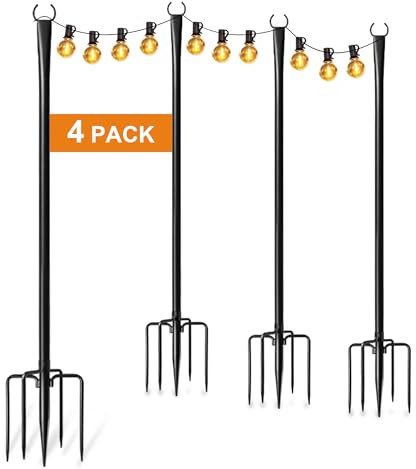 4 Pack String Light Poles for Outside, Thickened Metal Christmas Lights Hanger Pole Outdoor with Fork, Lighting Hanging Post Accessories for Patio Decor Garden Backyard Yard Outside Decorations