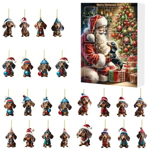 Christmas Vacation Adventskalender 2024 Weihnachten Advent Calendar 24 Stück Mini Weihnachtsanhänger 2D Acryl Hund Weihnachtsbaum Anhänger Weihnachtskalender Weihnachts Countdown Kalender (A)