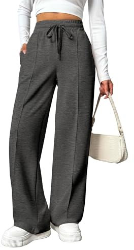 PINSPARK Damen Jogginghose High Waist Sporthose Weites Bein Sweatpants mit elastischem Bund Yogahose Trainingshose Fitness Sweathose Baggy Freizeithose mit Taschen Anthrazit S