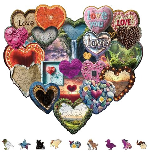 GLOBLELAND 200Pcs Love Heart Wooden Jigsaw Puzzles for Adults 12x11.22inch Colorful Love Heart Wood Children Puzzles for Valentine Gift