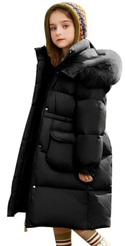 linboo Winterjacke Mädchen Mittlere Länge Wintermantel mit Fellkapuze Steppjacke Winddicht Daunenjacke mit Gürtel Parka Jacke Kinder Winter Mantel Outdoorjacke, Schwarz, 134-140(Herstellersgröße: 140)