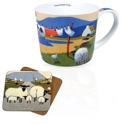 Thomas Joseph Kaffeetassen-Set aus Knochenporzellan, 325 ml, mit Korkuntersetzer, Schaf-Design, Geschenk (nur Handwäsche)