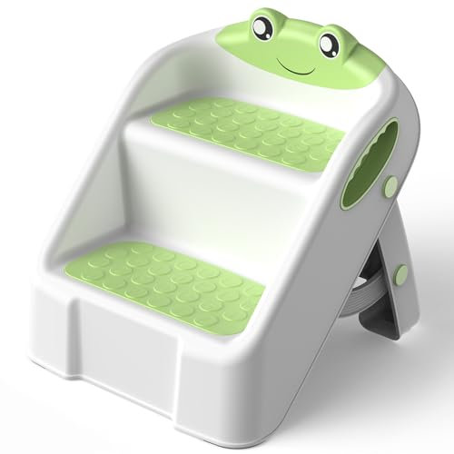 Toddler Step Stool, 2 Toilet Steps for Toddlers with Safety Handles, Foldable Step Stool for Kids with Non-Slip, Toilet Stool for Potty Training, Bathroom Sink, Bedroom, Kitchen Counter Stool, Green