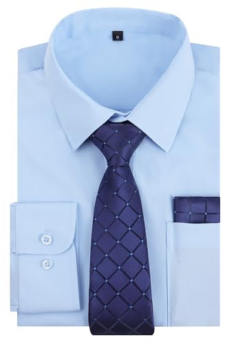 Alizeal Mens Long Sleeve Shirt and Necktie Set Formal Casual Business Wedding Button Down Dress Shirt and Tie Set, Light Blue-Navy-S