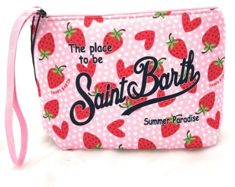 Mc2 Saint Barth Borsa Pochette Aline in Scuba Rosa con Stampa Fragole e Cuori Dimensioni: 20 x 14,5 x 7 cm