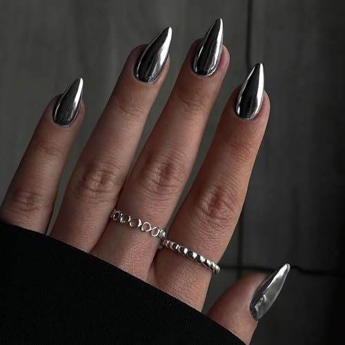 KQueenest Chrome Smoky Grey Press on Nails Almond Medium Glitter Metallic Black False Nails Medium, Luxury Design Acrylic Fake Nails Set with Bling Mirror Effect Stick on Nail for Women 24 Pcs