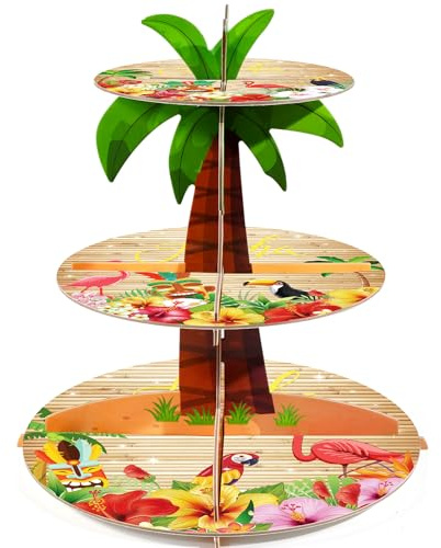 TEASIK 3-Tier Cupcake Stand - Palm Tree Party Decor for Luau, Hawaiian & Tropical Themed Events - Multi-Colored Cardboard Tiered Tray for Beach & Pool Party Decorations