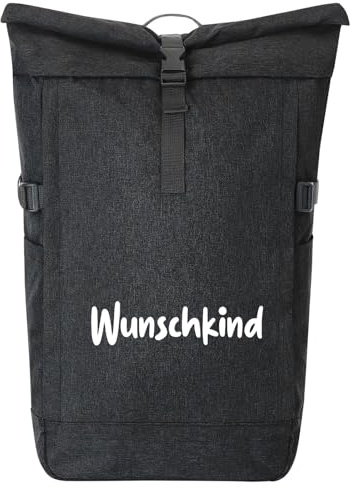 Huuraa Kurierrucksack Wunschkind Schriftzug 30-44 Liter Black Melange Fairtrade Rolltop Rucksack Geschenkidee
