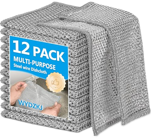 WYDZKJ 12Pack Multipurpose Wire Dishwashing Rags, Upgrade Non Scratch Wire Dishcloth, Silver Mesh Dish Cloths, Reusable Metal Mesh Cleaning Cloths, Steel Scrub Rags for Kitchen/Stove/Oven/Bath