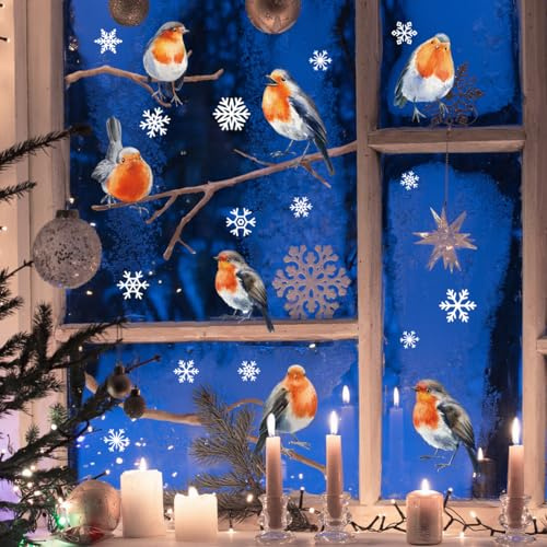 WandSticker4U®- [Extra groß] Fensterbilder Winter selbstklebend Vögel ROTKEHLCHEN, SCHNEEFLOCKEN & ÄSTEN (158x106 cm) I Fensterbilder Weihnachten wiederverwendbar Winterdeko Fenster Aufkleber XXL