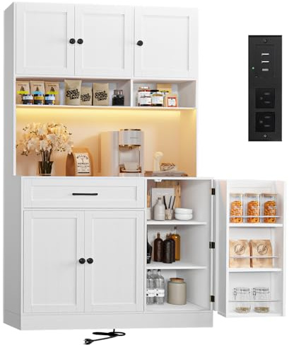 FJTJBSI 72 Kitchen Pantry Cabinet with LED Light and Charging Station Tall Pantry Storage Cabinet with Adjustable Shelves and Door Shelves Modern Kitchen Hutch with Microwave Stand and Countertop
