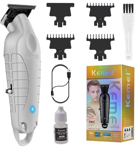 KEMEI PG2299 Recortadora de Barba Hombre, Cortapelos Profesional, Gris | con Cuchilla T de Acero, Uso Inalámbrico o con Cable, Hair Trimmer con 3 Peines para Barba, Cabello y Perfilado